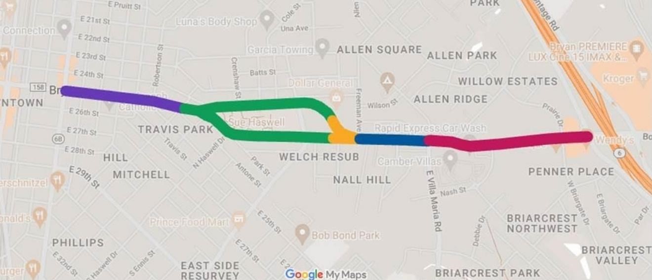 William J. Bryan Improvements Project map image showing the various work zones.