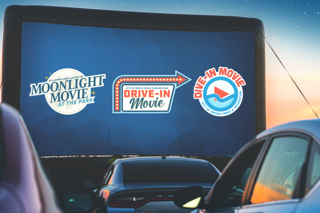 Drive-in movie event at dusk, viewing a large screen displaying "Moonlight Movie at the Park", "Drive-in Movie", and "Dive-in Movie" logos, cars visible in the foreground against a twilight sky.