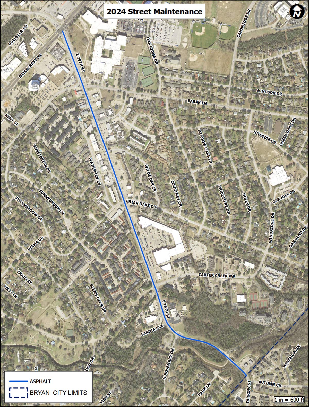 Map marking the pavement maintenance on East 29th Street from Briarcrest Drive to the southern city limits near Circle K.