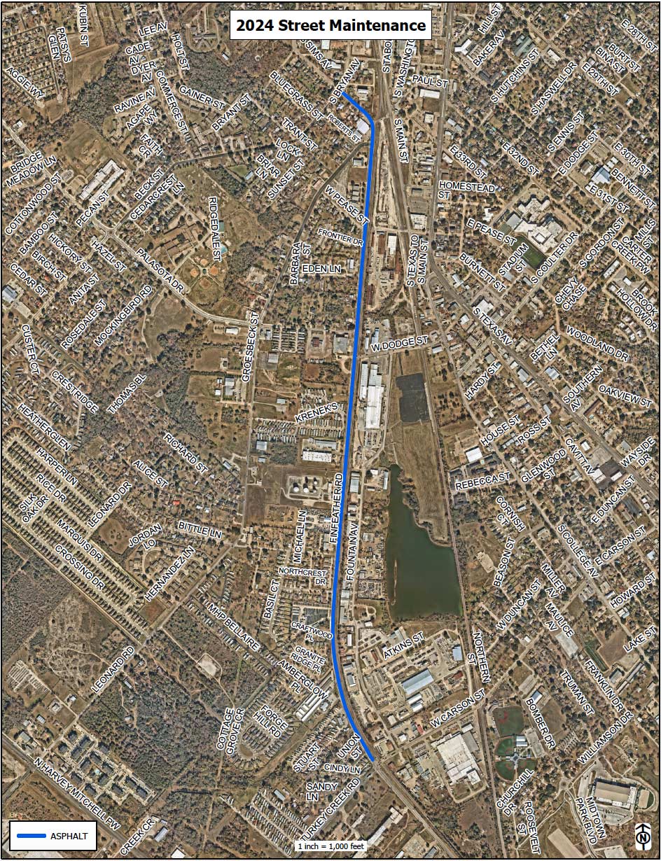 Map of pavement maintenance on the southbound lane of Finfeather Road from the intersection of S. Bryan Avenue and Beck Street to the intersection of Turkey Creek Road and W. Carson Street.