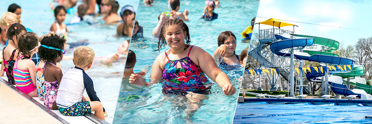 photo collage including pool facilities and children of all ages swimming in pools