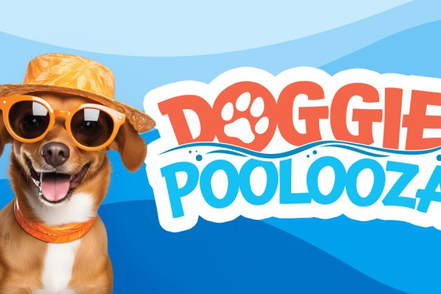 Doogie Poolooza logo next to a dog wearing sunglasess and a straw hat