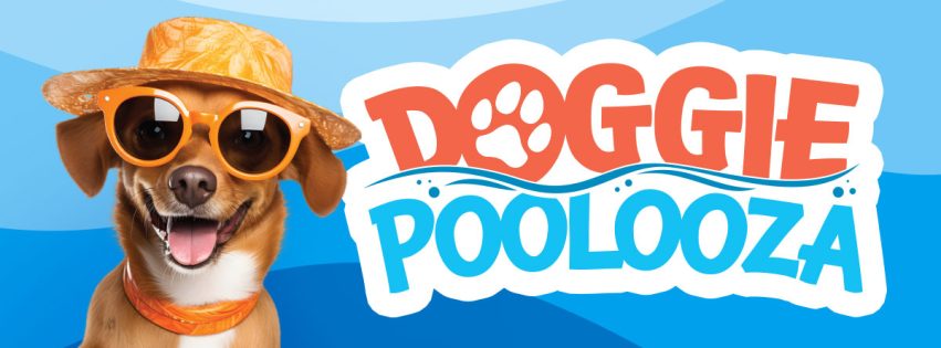 Doogie Poolooza logo next to a dog wearing sunglasess and a straw hat