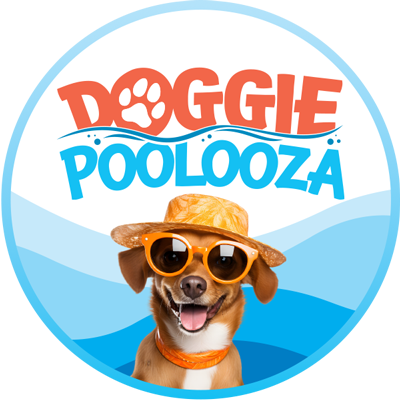 Doogie Poolooza logo next to a dog wearing sunglasess and a straw hat