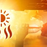 heat warning icon over an orange and red photo of a scorching sky and a woman drinking from a water bottle