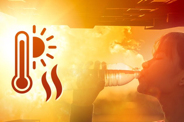 heat warning icon over an orange and red photo of a scorching sky and a woman drinking from a water bottle