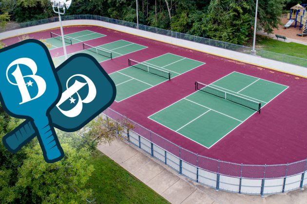 illustrated pickleball paddles with the Bryan logo overlaying an aerial photo of outdoor pickleball courts