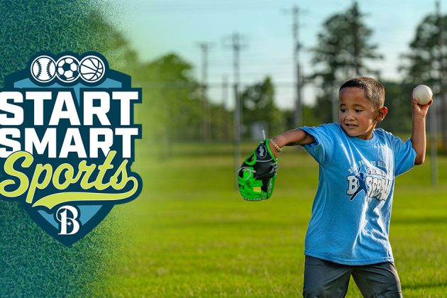 Start Smart Sports logo with a photo of a child wearing a baseball glove throwing a baseball