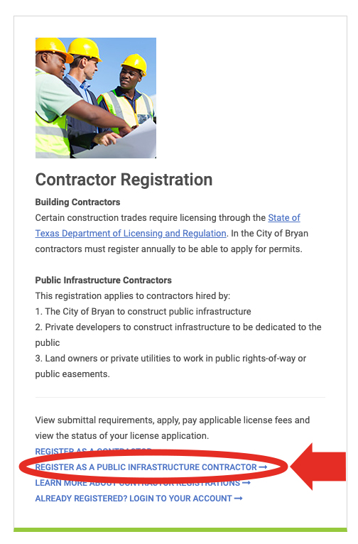 Under the "Contractor Registration" section, find and click the link "Register as a Public Infrastructure Contractor".