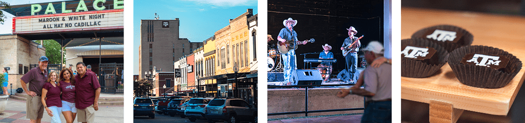 photo collage of historic downtown Bryan during Maroon and White Night, including businesses, musicians on stage, and event attendees wearing Texas A&M branded attire.