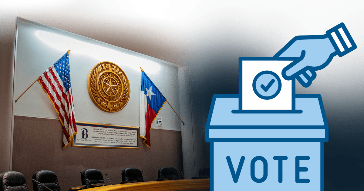 photo of city council chambers with a ballot box icon overlay