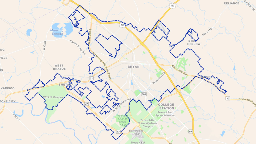 Overview map of the Bryan, TX water service lines