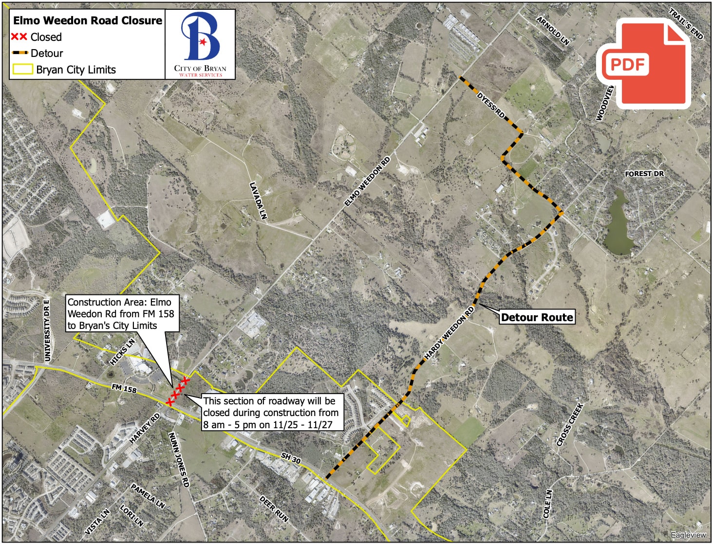 Map of Nov. 2024 Elmo Weedon road closure and detour: PDF download