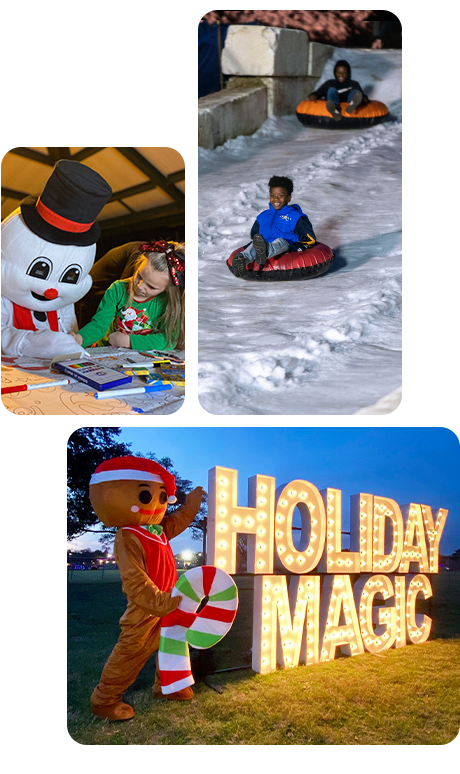 photo collage of holiday magic activities, including snow tubing, crafts with a snowman, and holiday light displays