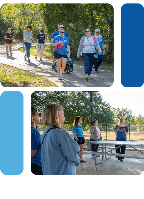 collage of images showing a group of people in a park walking and an educational session with a doctor