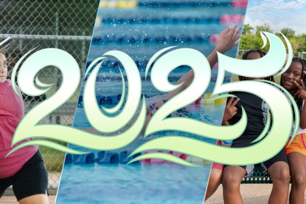 community members participating in various Parks and Recreation activities like softball and swimming with the year 2025 written overlay