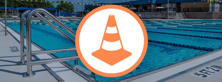 construction cone icon overlaying a photo of the Bryan Aquatic Center pool