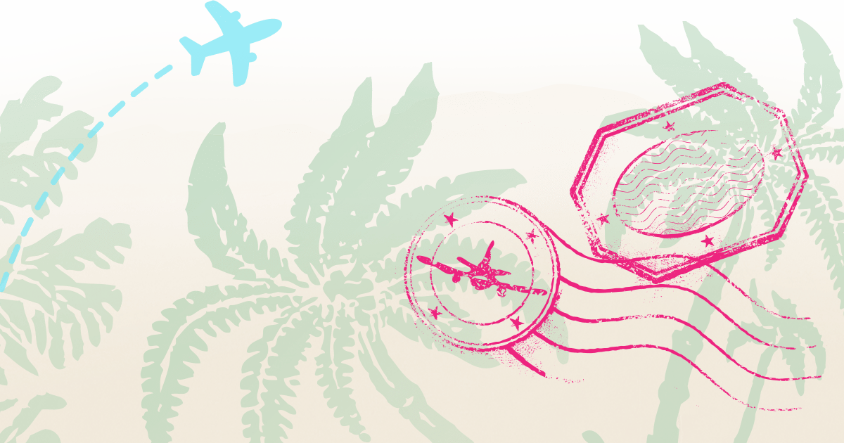 airplane icon flying into the air above a tropical palm abstract landscape with an overlay of passport stamp motifs 