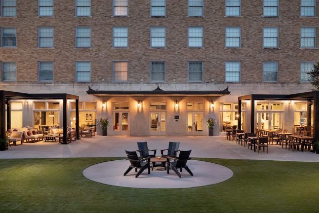 hotel courtyard at sunset