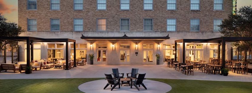 hotel courtyard at sunset