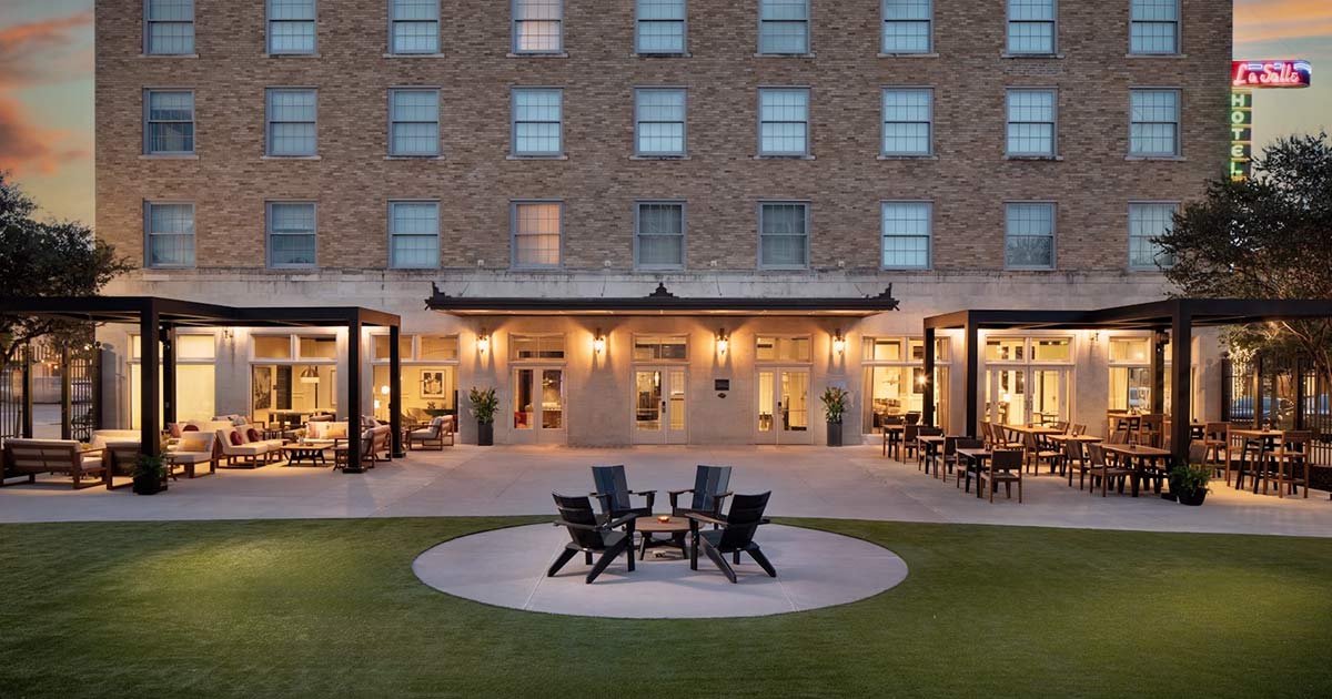 hotel courtyard at sunset